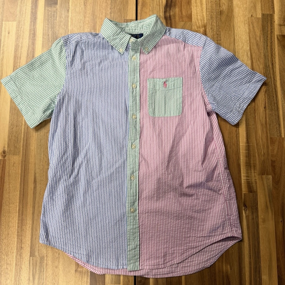 Polo Ralph Lauren Boys Mismatched Seersucker Button Up Shirt Sz L 14-16 Multi